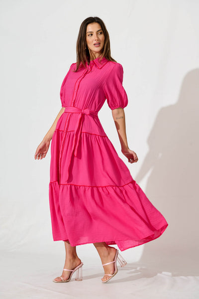 Impression Maxi Shirt Dress In Pink With Contrast Piping