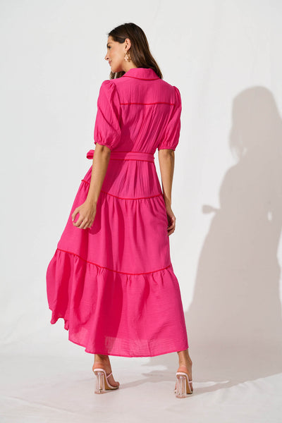 Impression Maxi Shirt Dress In Pink With Contrast Piping