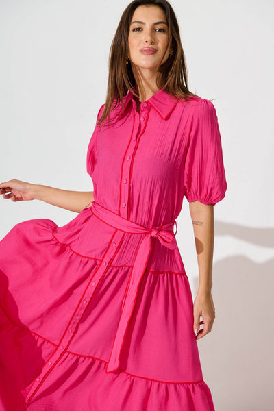 Impression Maxi Shirt Dress In Pink With Contrast Piping