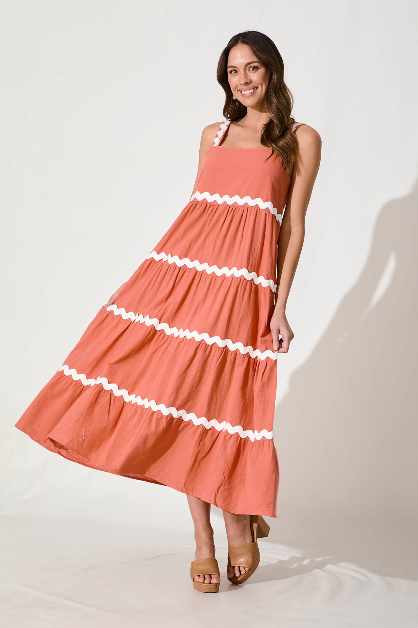Hara Maxi Sundress In Rust With White Ric Rac Trim Cotton