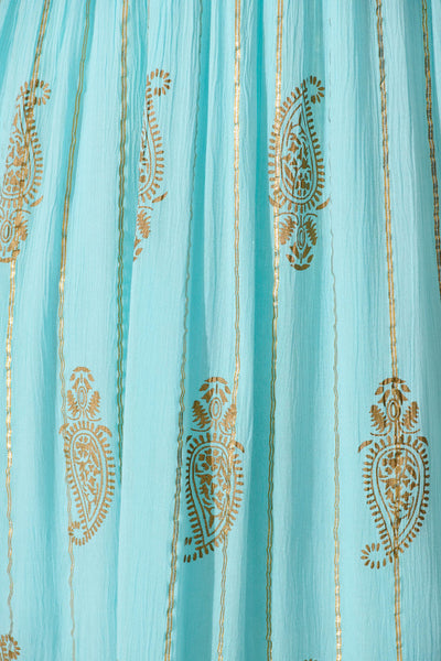 Ellie Maxi Dress in Aqua Blue with Gold Print