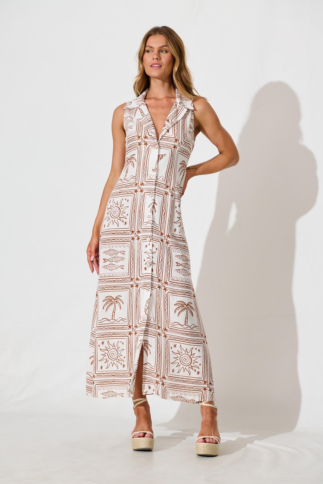 Remember Maxi Shirt Dress in White and Rust Linen Blend