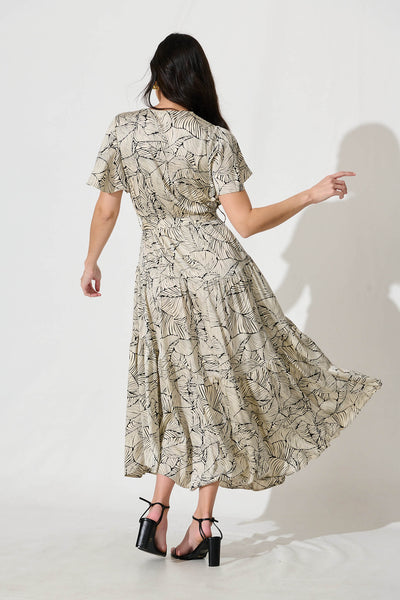 Heidi Maxi Dress in Cream with Black Leaf Satin