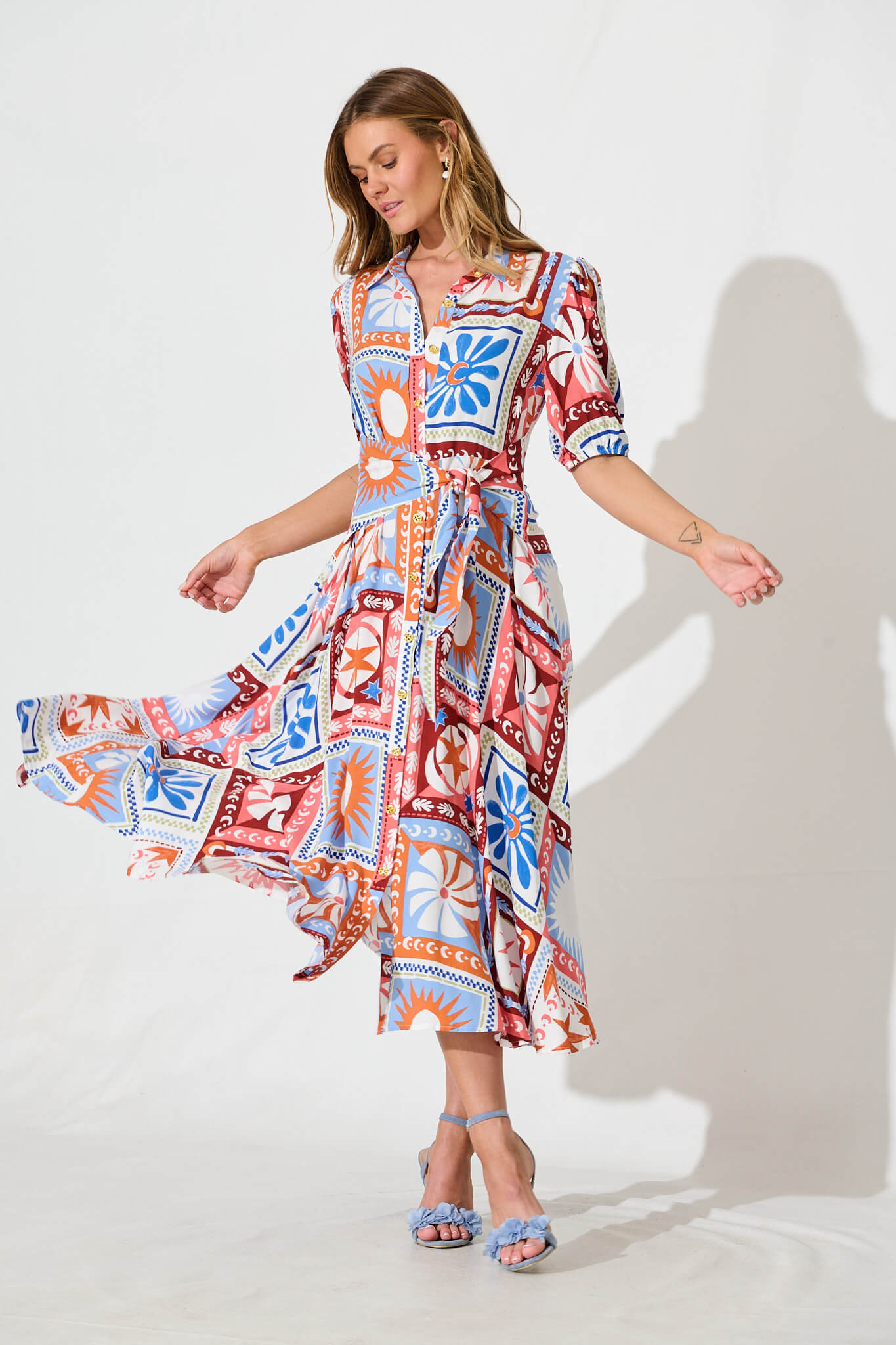 Bella Maxi Shirt Dress In White Multi Patchwork Print