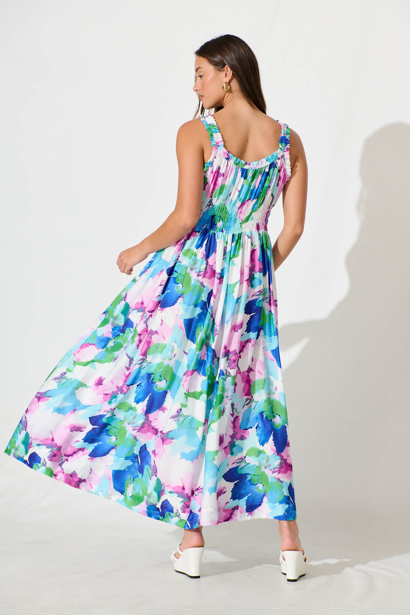 Valentina Maxi Sundress In White With Blue Multi Floral