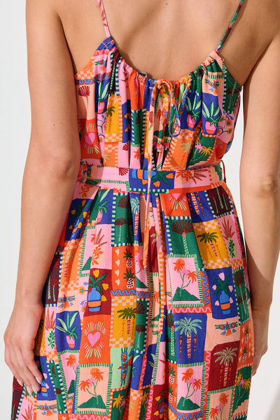 Selerina Maxi Sundress in Bright Multi Palm Linen Blend