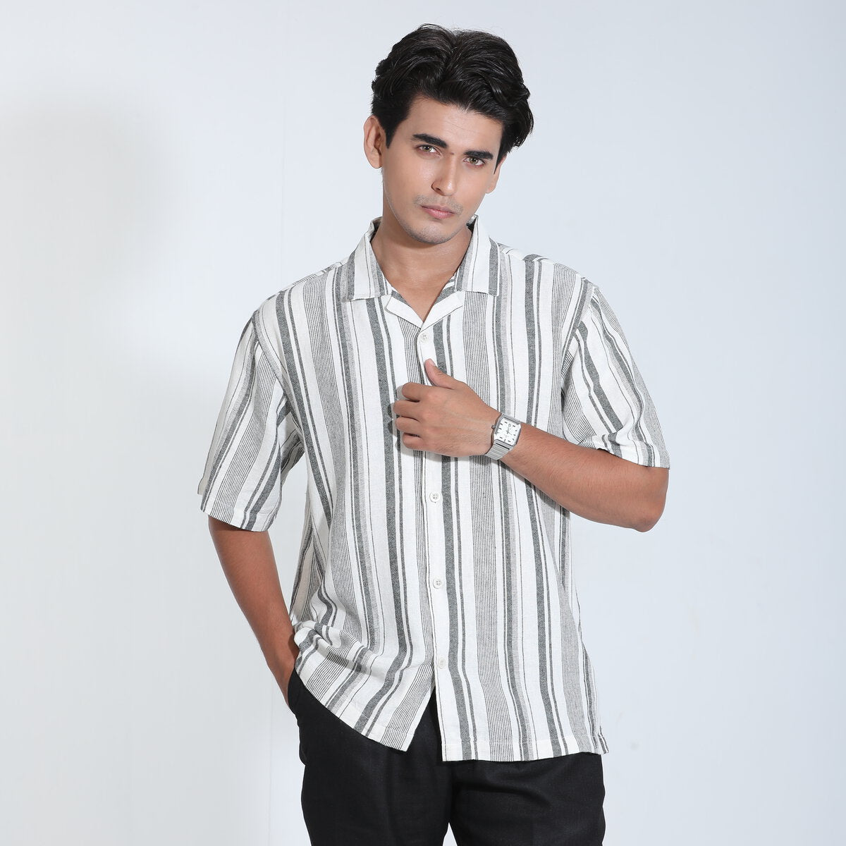 White and Black Cotton Half Sleeve Shirt