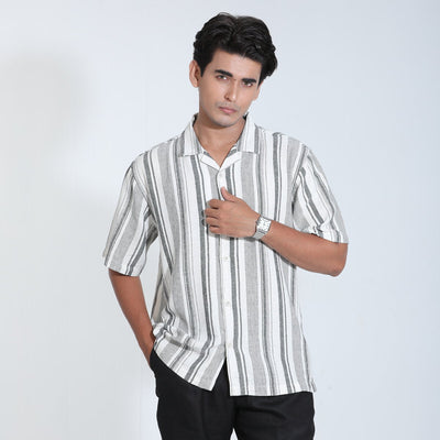 White and Black Cotton Half Sleeve Shirt