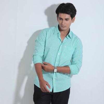 Green And White Cotton Check Full Sleeve Shirt – Kairo