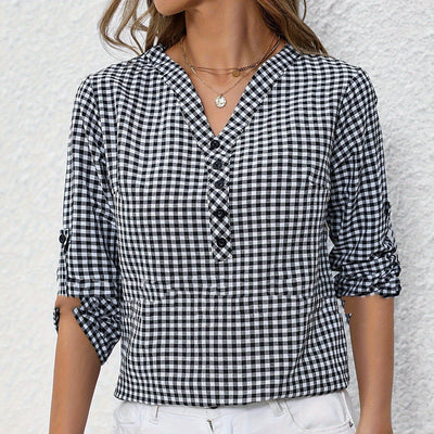 Classic Plaid Shirt with Three-Quarter Sleeves – Vintage-Inspired Style